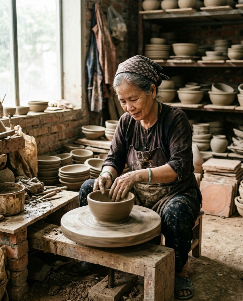 Nghệ nhân gốm Bát Tràng bên bàn xoay