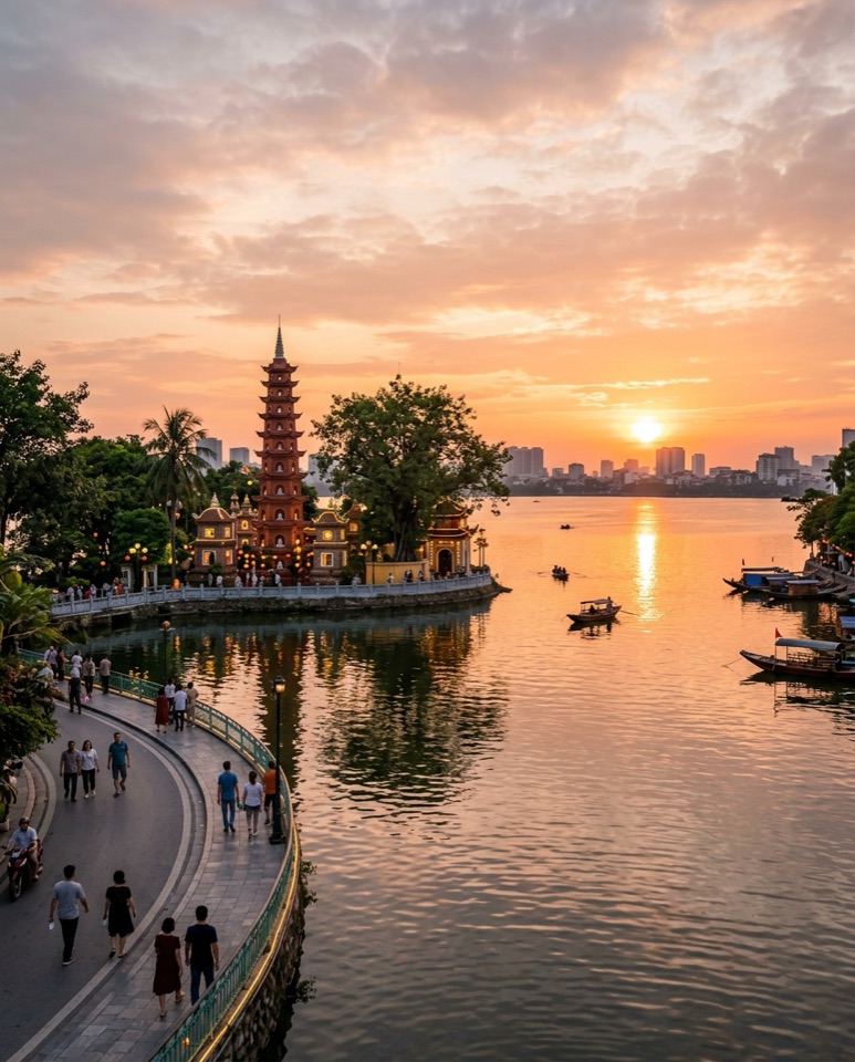 Hoàng hôn Hồ Tây với chùa Trấn Quốc