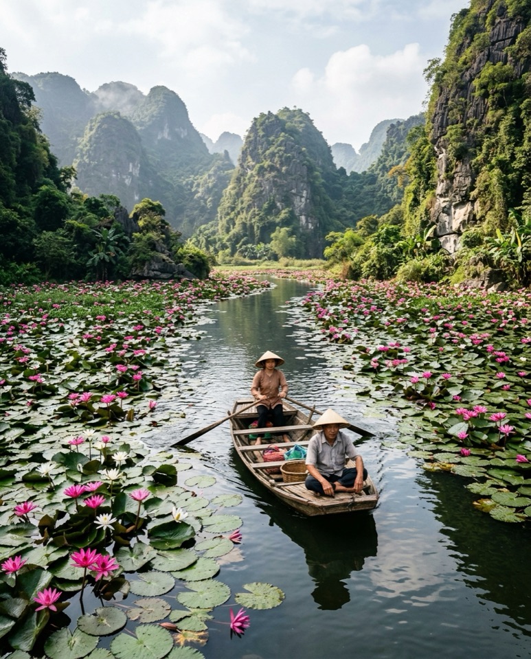 Thuyền trên suối Yến mùa hoa súng