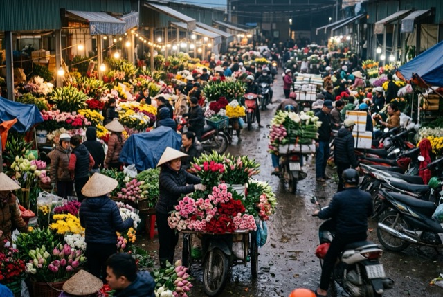Chợ hoa Quảng Bá rực rỡ lúc bình minh