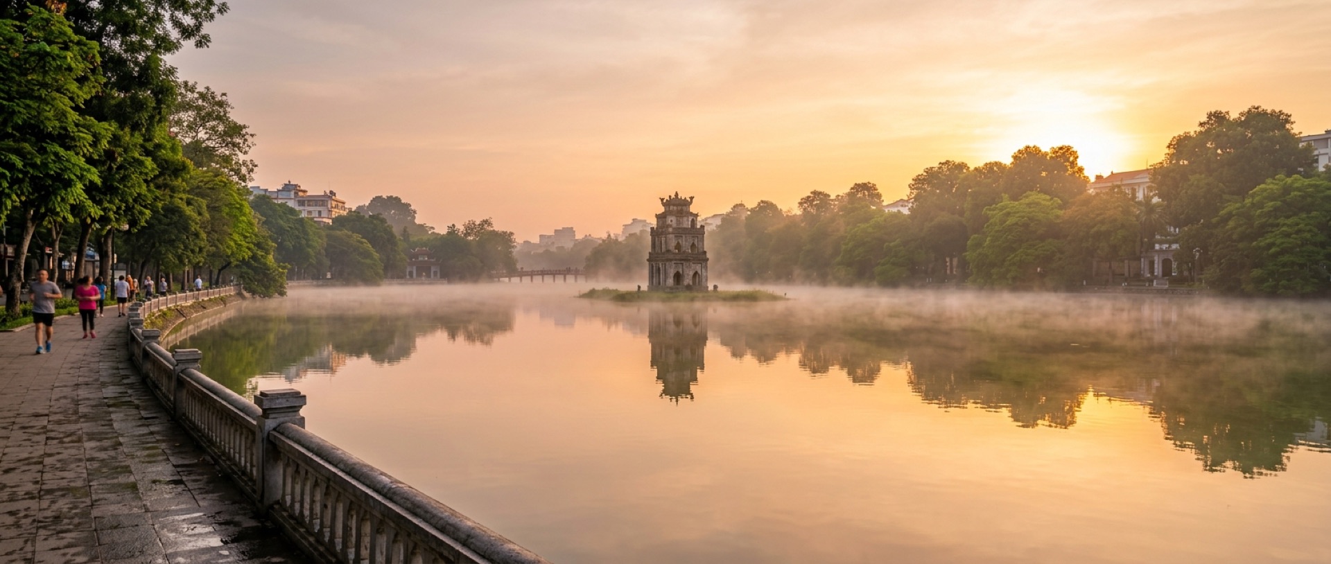 Hồ Gươm bình minh, Tháp Rùa giữa mặt nước phẳng lặng, ánh vàng nhẹ
