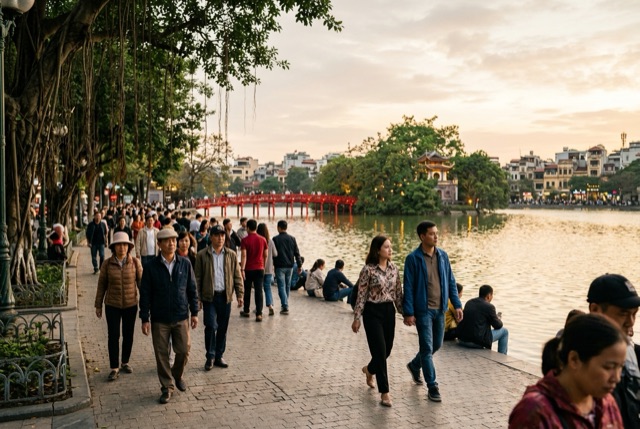 Khách dạo bờ Hồ Gươm chiều muộn