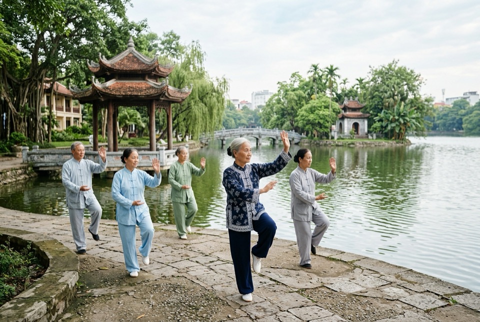 Người lớn tuổi tập dưỡng sinh bên hồ khu nghỉ dưỡng