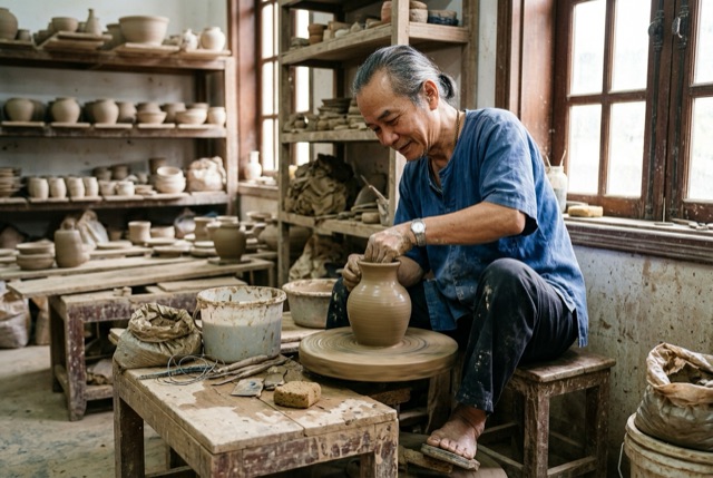 Nghệ nhân Bát Tràng bên bàn xoay