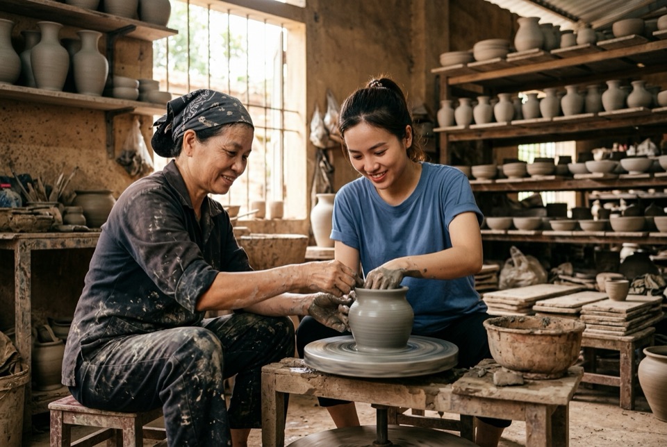 Nghệ nhân Bát Tràng chuốt gốm, khách trải nghiệm