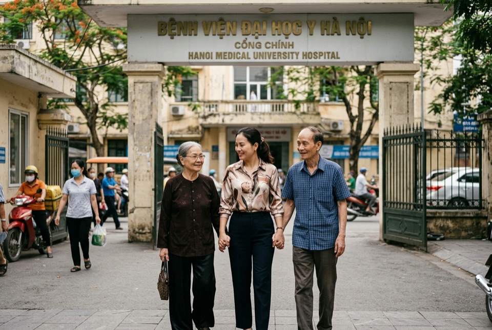 Con nắm tay cha mẹ lớn tuổi trước cổng bệnh viện