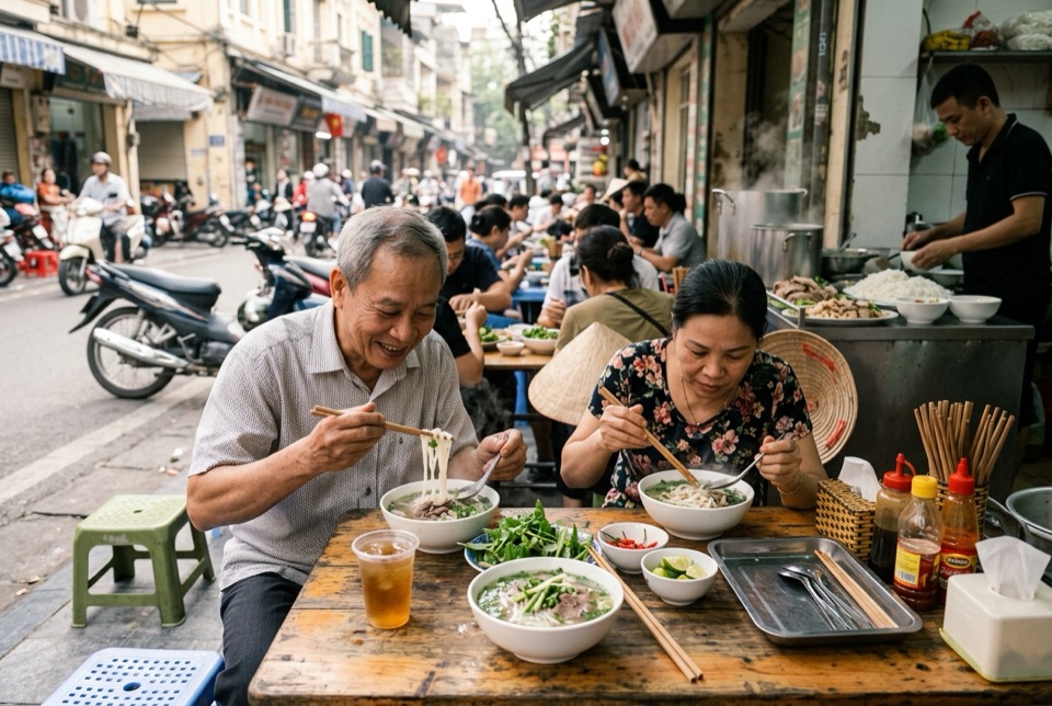 Bàn phở nóng phố cổ, thực khách thưởng thức buổi sáng