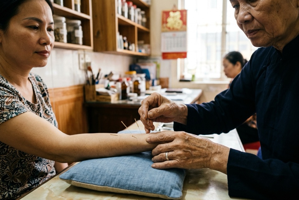Bàn tay thầy thuốc châm cứu cho bệnh nhân