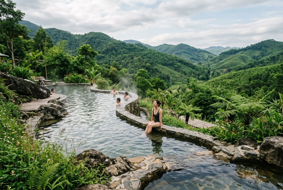 Bể khoáng nóng ngoài trời giữa đồi xanh